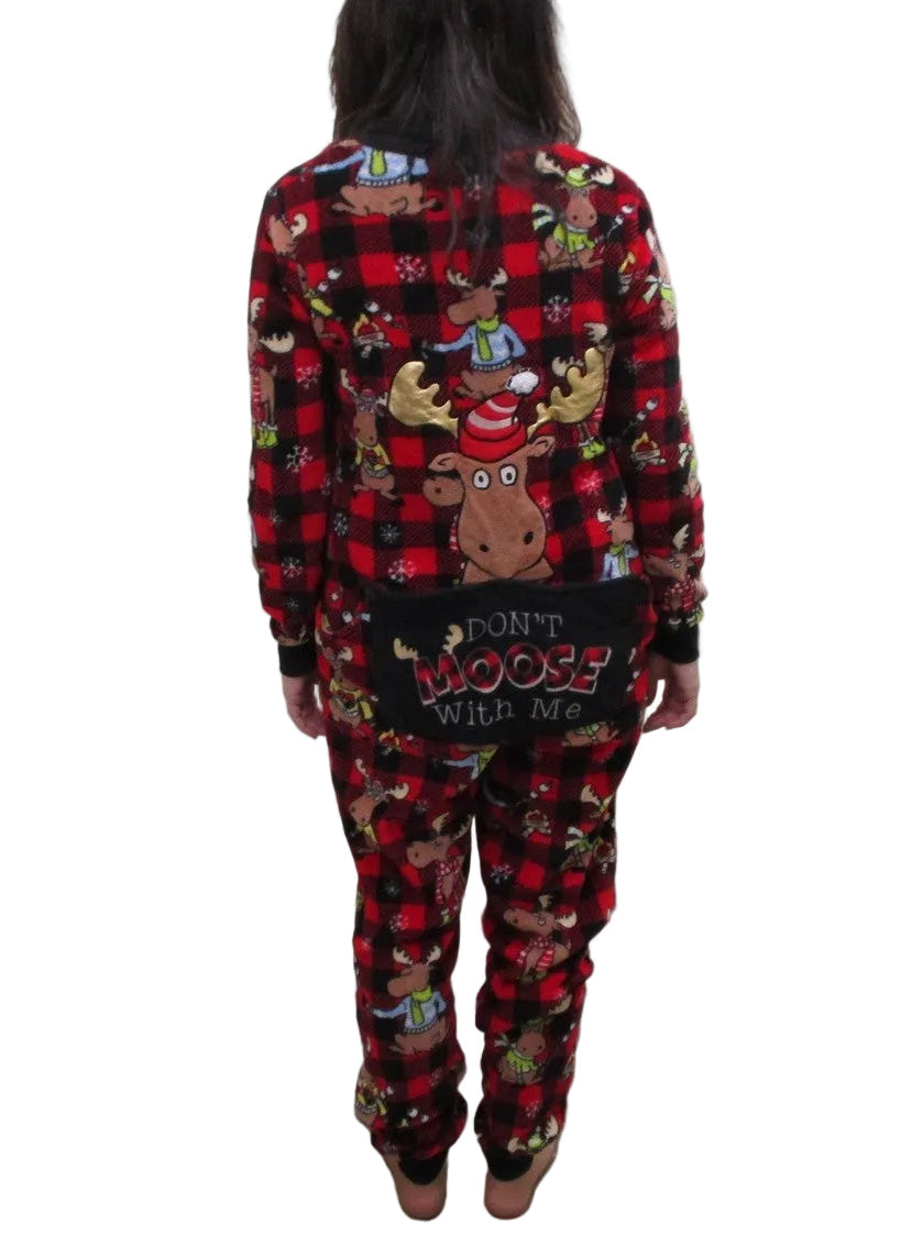 Secret Treasures Pajamas Kids 8-10 Red Plaid Moose Fleece One Piece Zip1