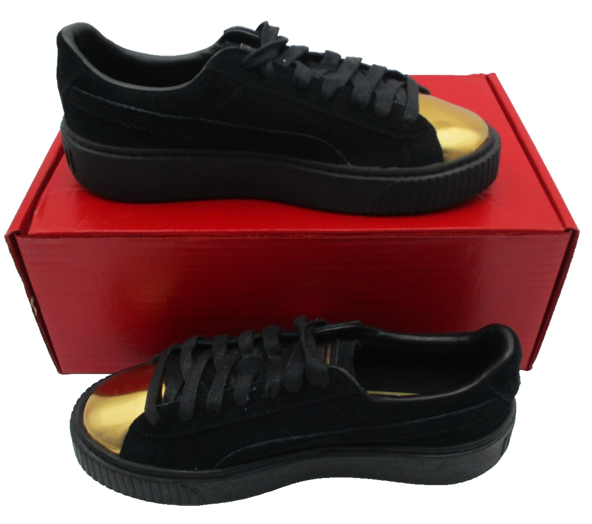 Puma Basket Platform Metallic Shoes Womens Size 8.5 Black Gold Toe 36222202 1R83