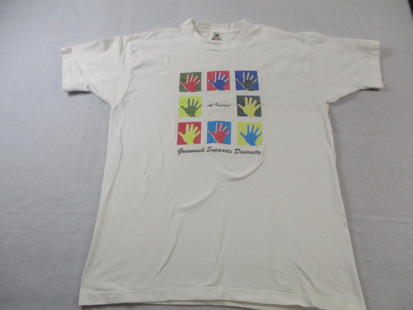 Vintage Greenwich Supports Diversity Graphic Shirt Mens XL White Fruit Loom 90s0