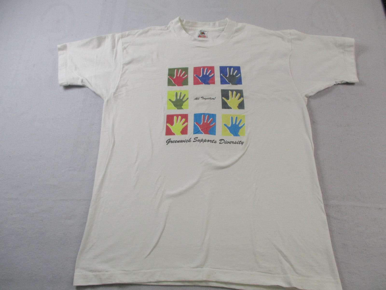 Vintage Greenwich Supports Diversity Graphic Shirt Mens XL White Fruit Loom 90s0