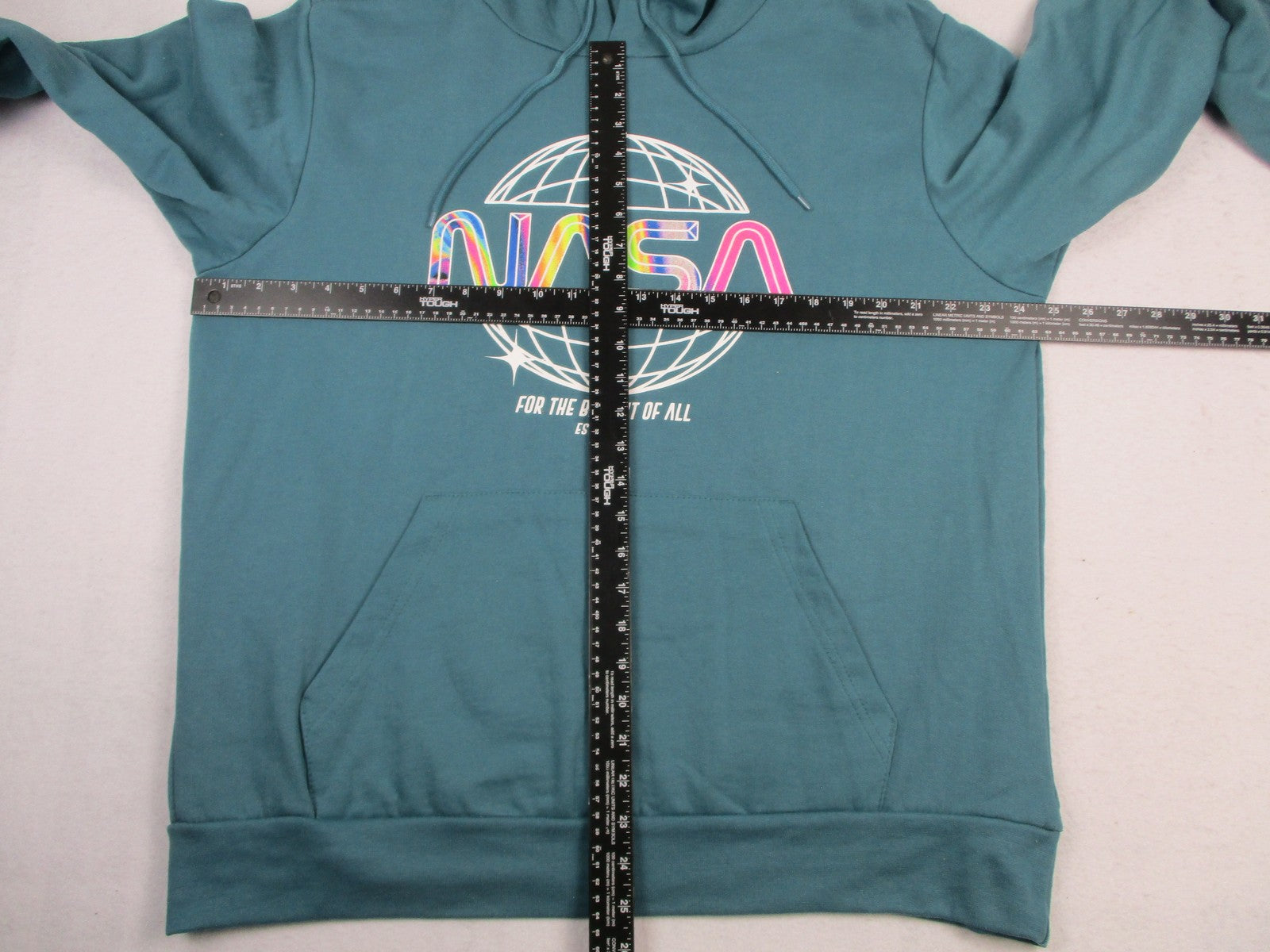 NASA Hoodie Sweatshirt Mens Medium Blue Globe Logo Rainbow Graphic Pullover 13314