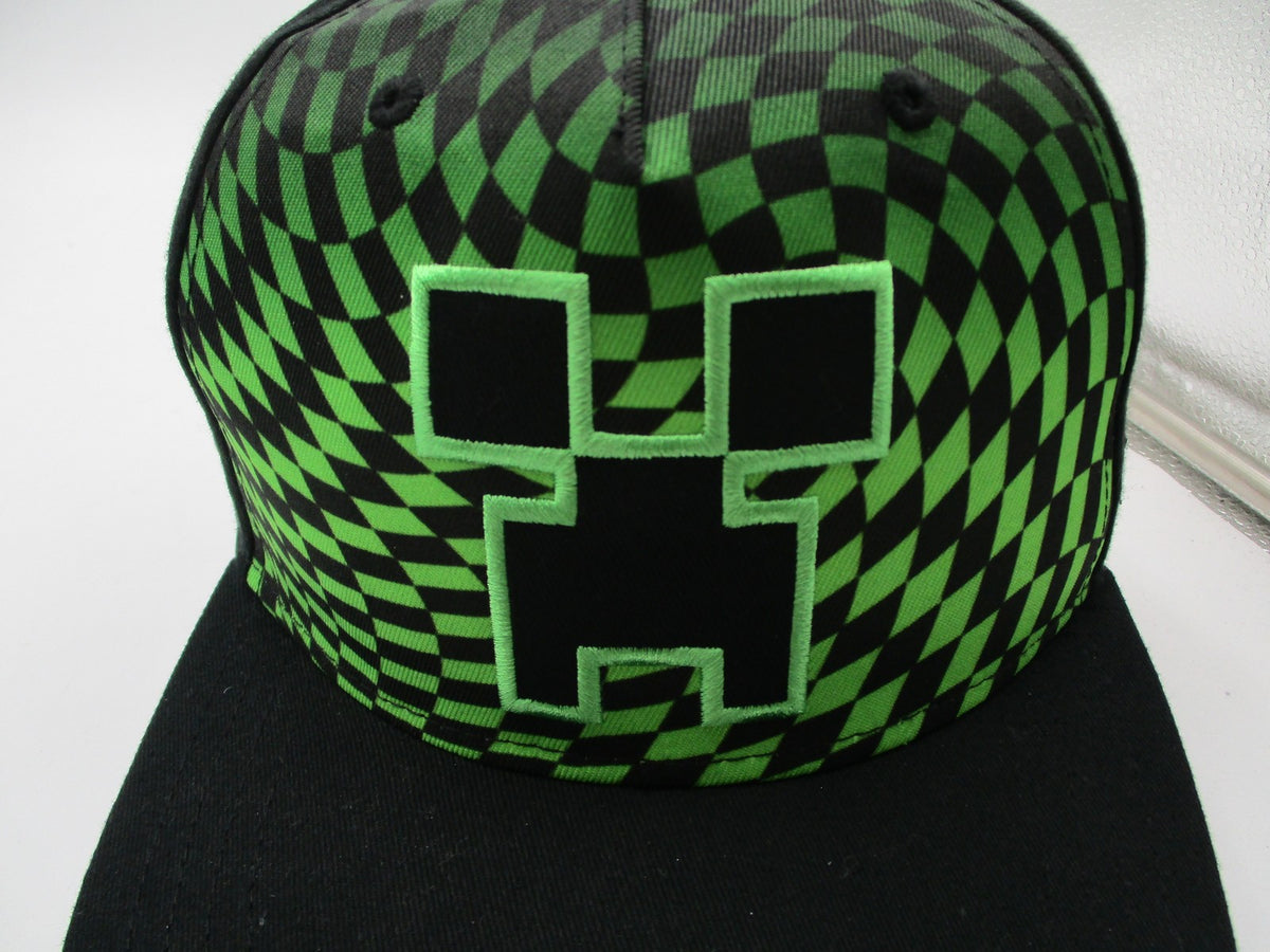 Minecraft Creeper Hat Cap Snap Back Boys One Size Black Green Checkered Graphic1