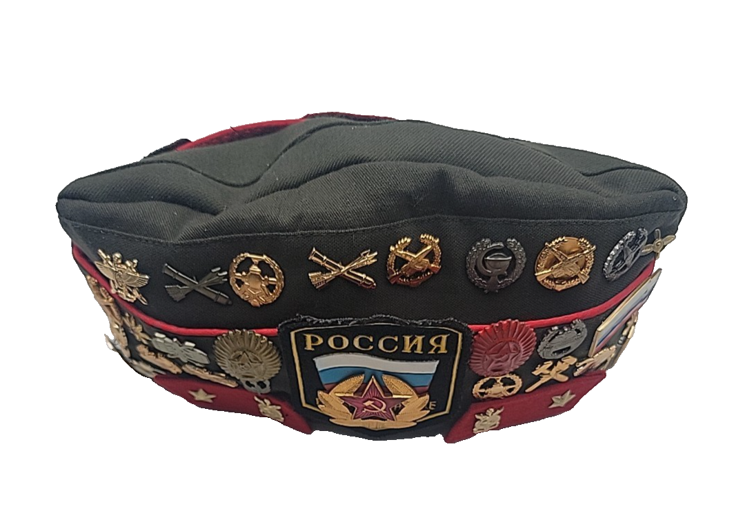 Soviet Military Pilotka Army Cap USSR Vintage Hat 33 Pins 4 Patches Militaria8