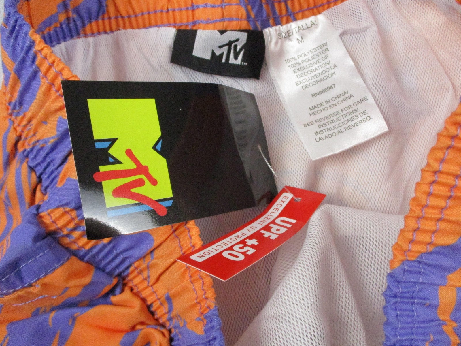 MTV Swim Shorts Mens Size M Orange Purple Tie Dye UPF 50+ Music Television 12304