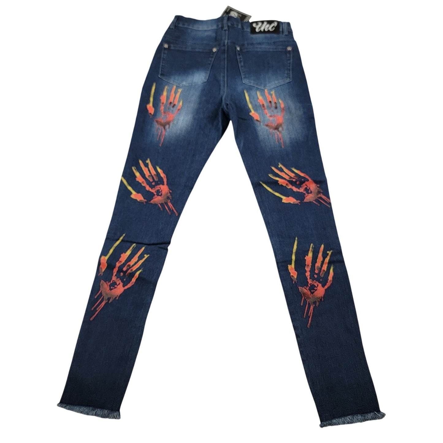 The Hideout Clothing Mens Jeans 30 Blue Flame Hand Print Slim Fit Zip Hem 822231