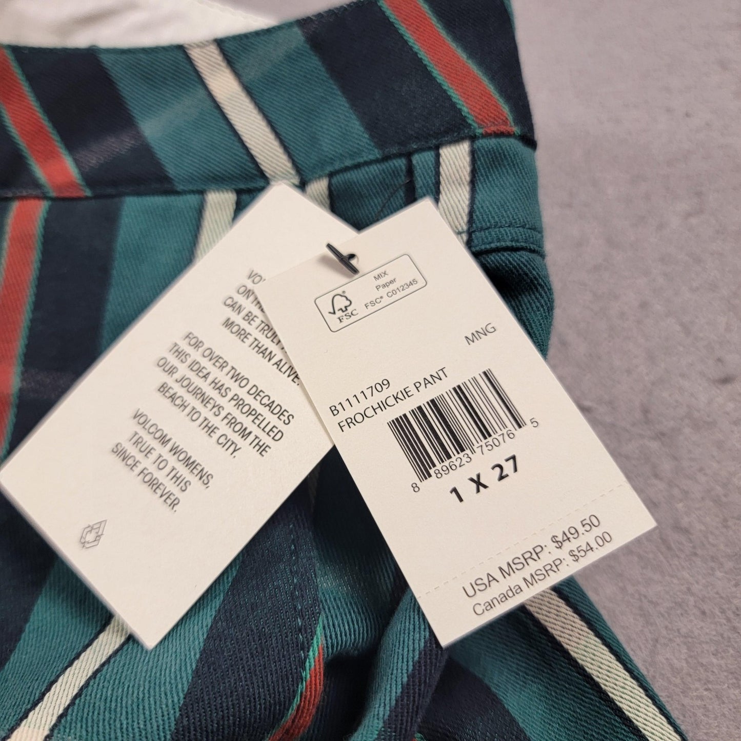 Volcom Frochickie Pants Womens 1 X 27 Plaid Green Slim Straight Ankle Fit