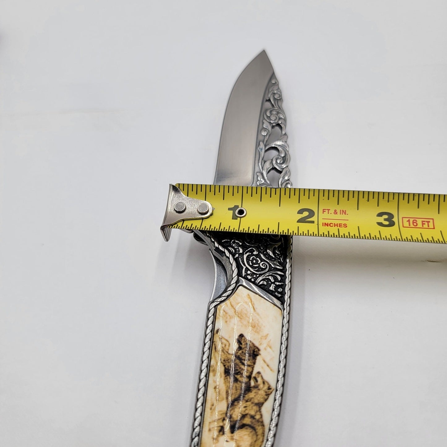 Running Wolves 4.5" Ivory Drop Point Collectible Folding Knife4