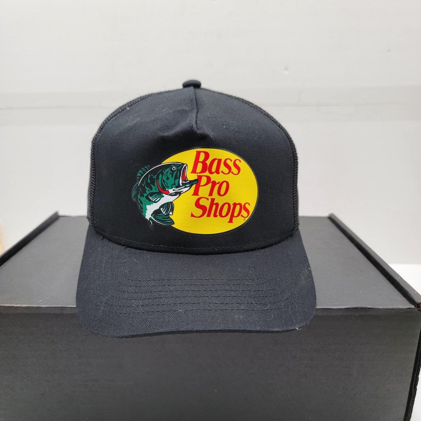 Bass Pro Shops Hat Cap Snap Back Black Mesh Trucker Patch Gone Fishing Mens1