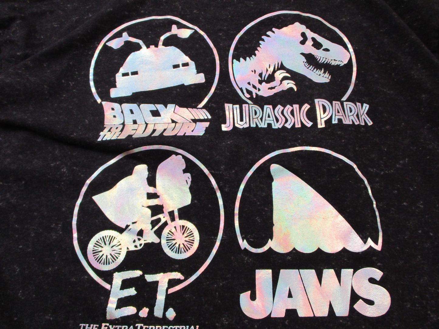 Universal Jaws ET Jurassic Park Back to Future Holographic Tee Mens XL Used 15648