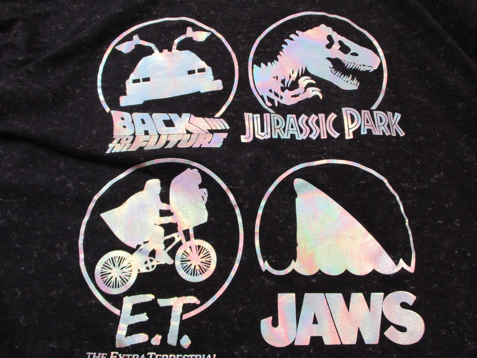 Universal Jaws ET Jurassic Park Back to Future Holographic Tee Mens XL Used 15648