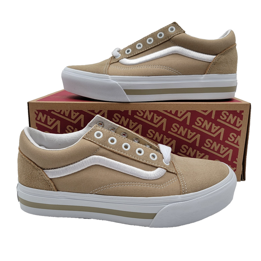 VANS PREMIUM Junior Old Skool Platform Sz 6 Khaki Suede & Canvas VN0009PDKHK NIB0