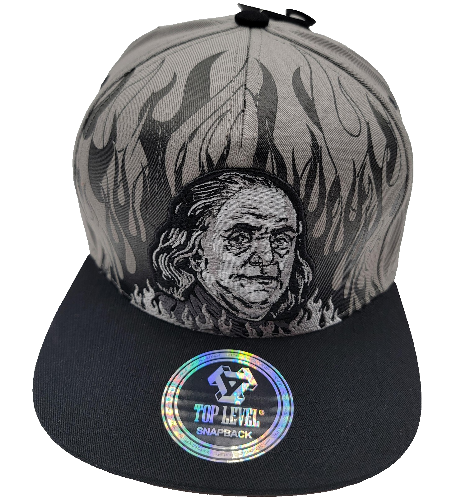 Top Level Benjamin Franklin Hat Cap Snap Back Gray Black Flame Graphic Mens0
