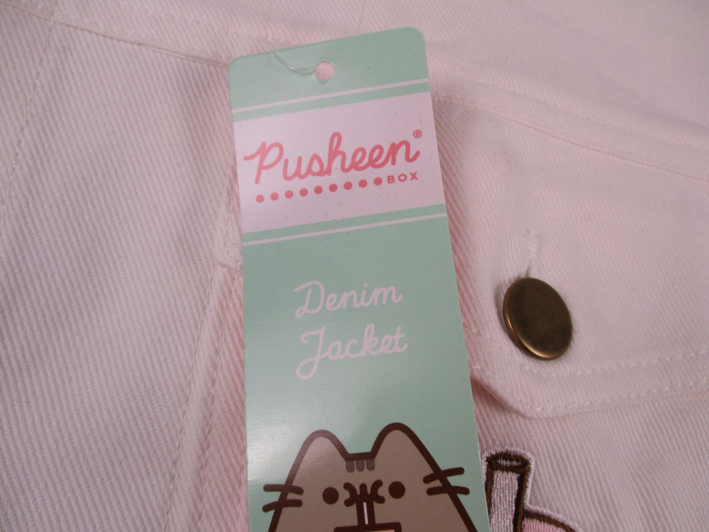 Pusheen Box Denim Jacket Womens L White Boba Cat Bubble Tea New Embroidered 132410