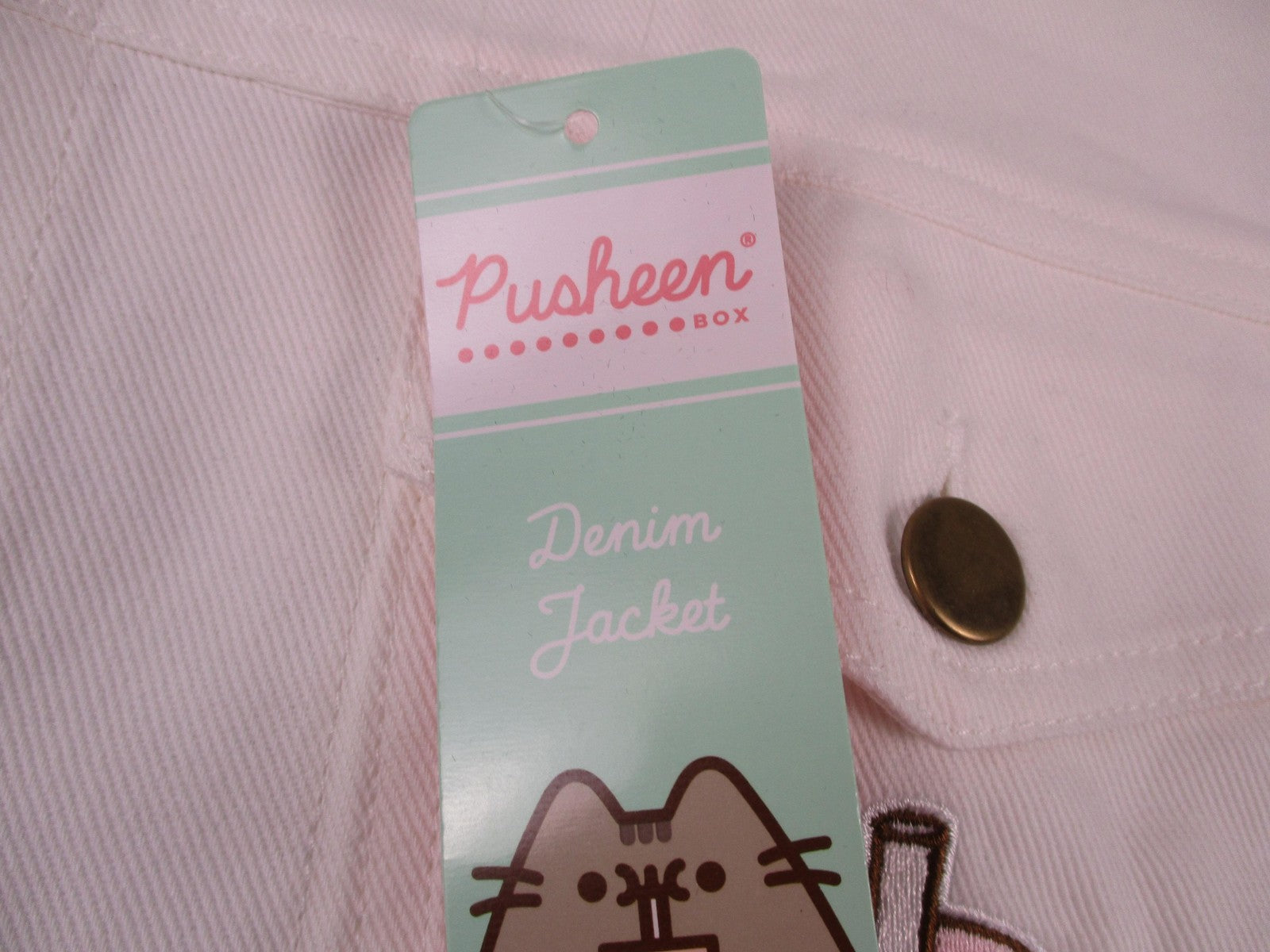 Pusheen Box Denim Jacket Womens L White Boba Cat Bubble Tea New Embroidered 132410