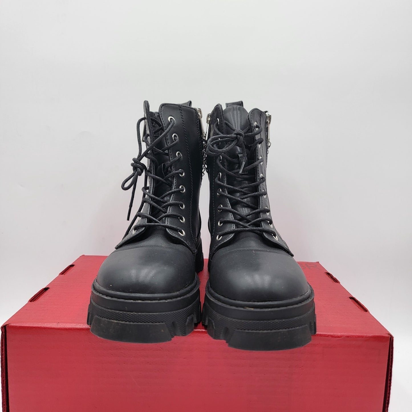 Fashion Nova Combat Boots Women 8.5 Black Lace Up Zip Chain Chunky Lug Sole
