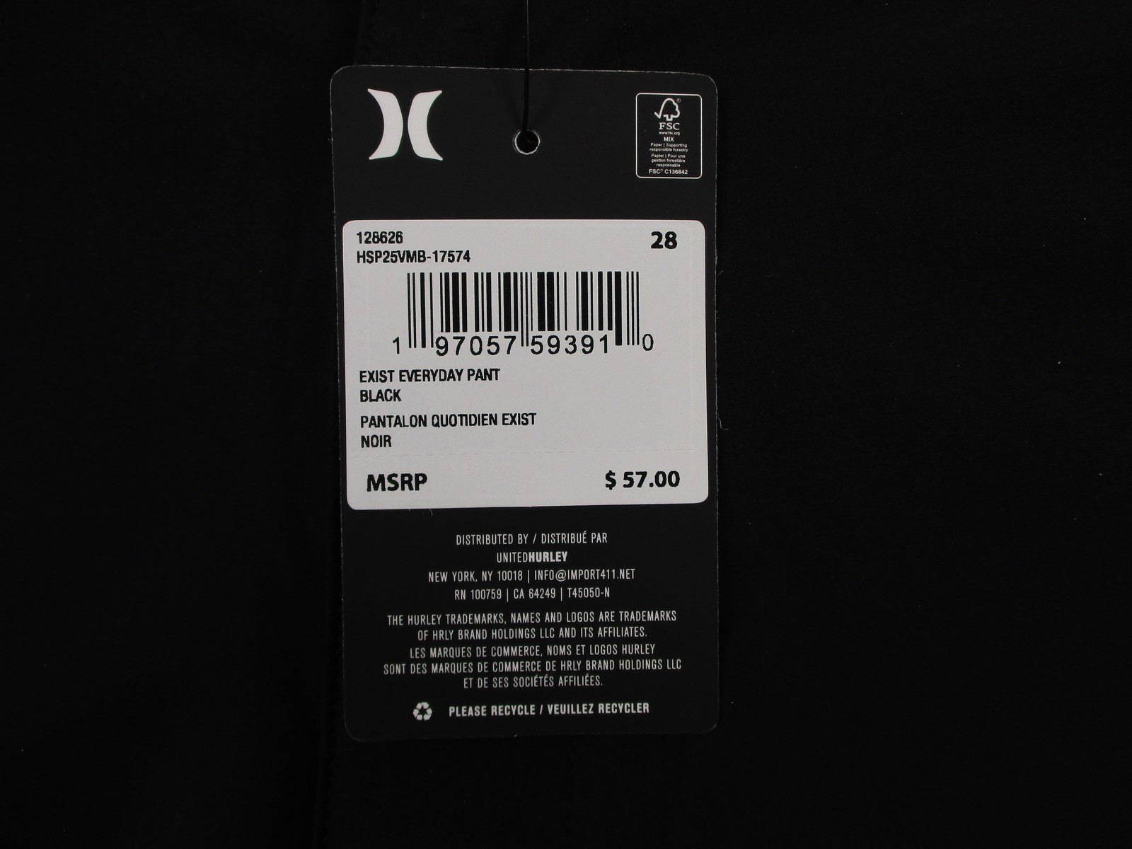 Hurley Exist Everyday Pants Men 28 Black Performance Jogger Water Resistant 12415