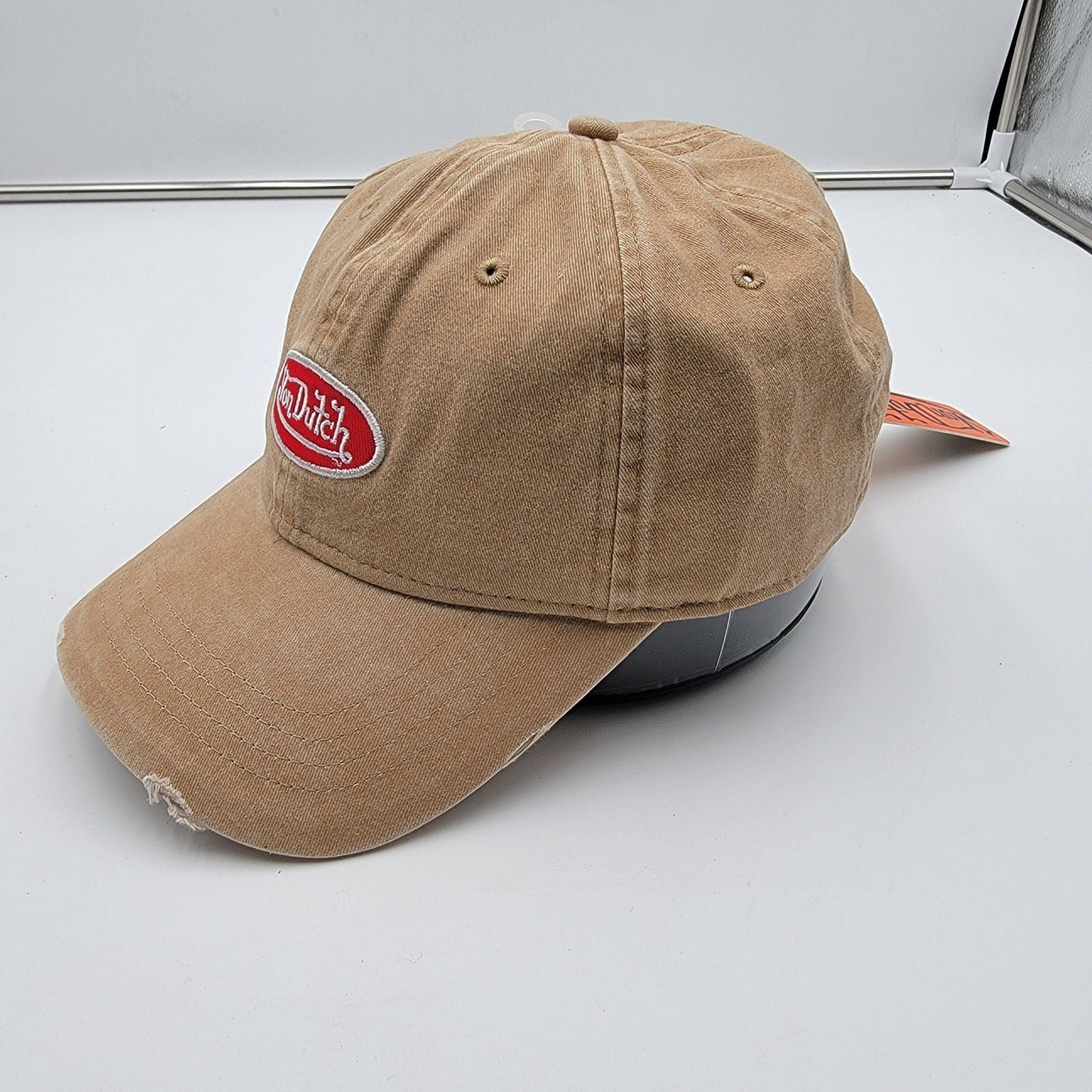 Von Dutch Distressed Denim Adjustable Dad Cap in Beige1