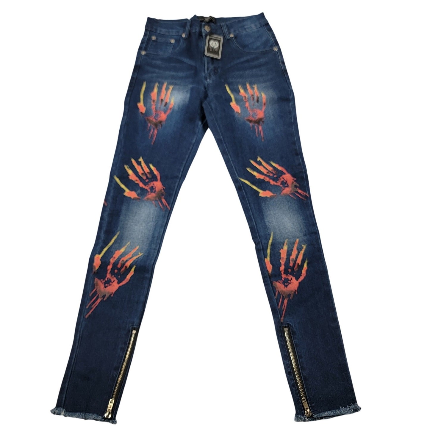 The Hideout Clothing Mens Jeans 30 Blue Flame Hand Print Slim Fit Zip Hem 822230