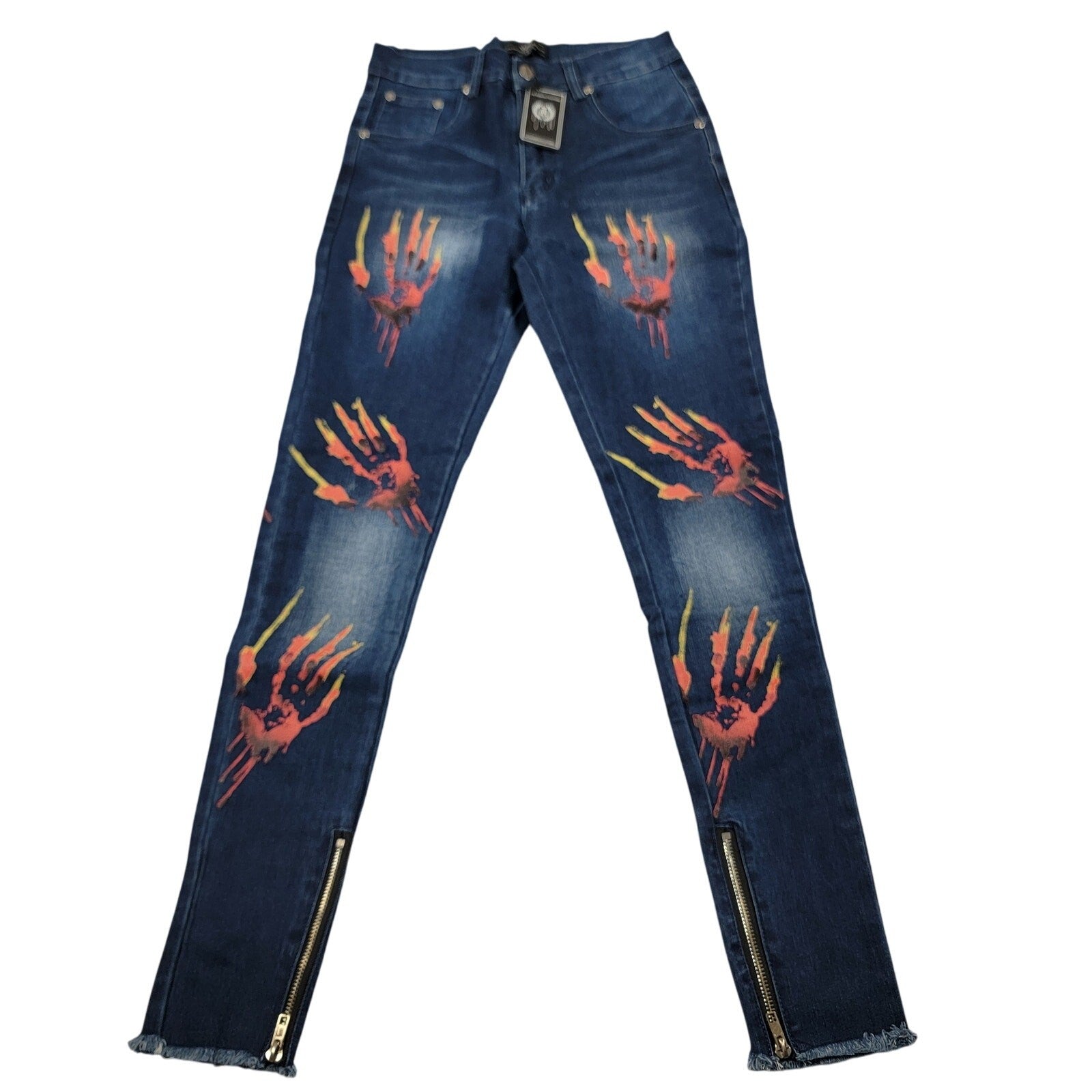 The Hideout Clothing Mens Jeans 30 Blue Flame Hand Print Slim Fit Zip Hem 822230