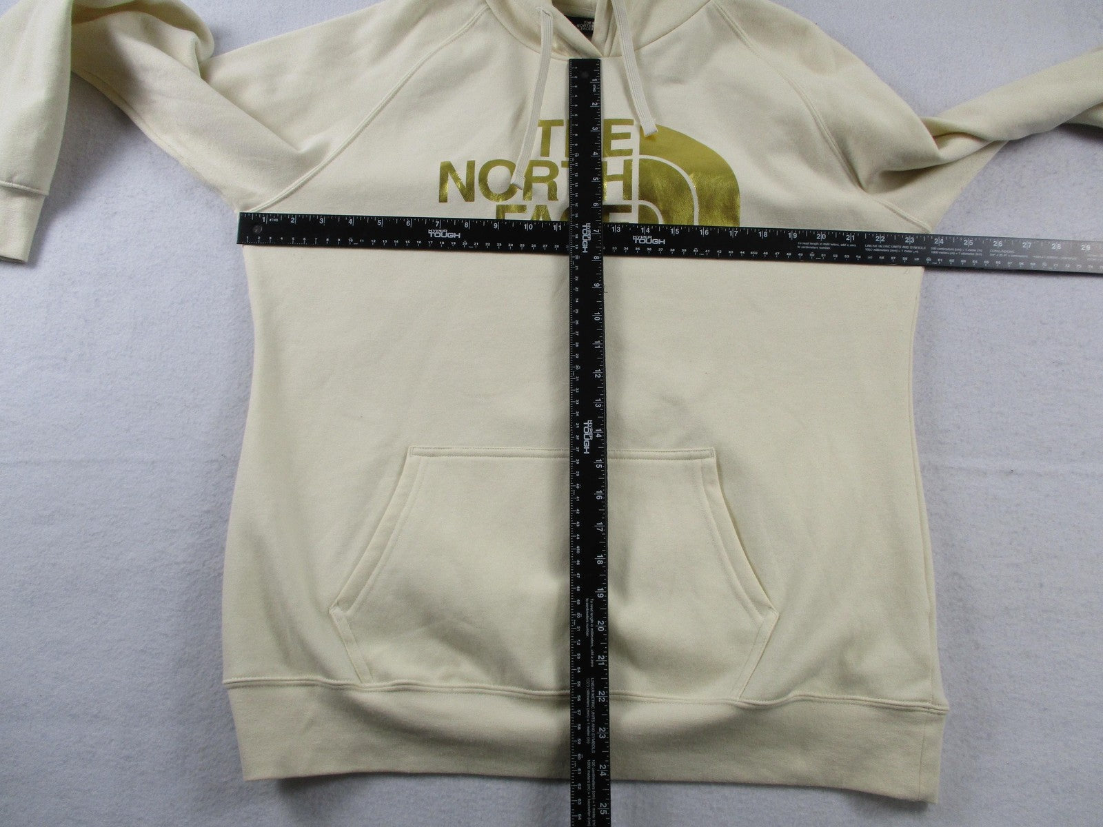 The North Face Hoodie Womens XL White Gold Logo Graphic Pullover Fleece 16649