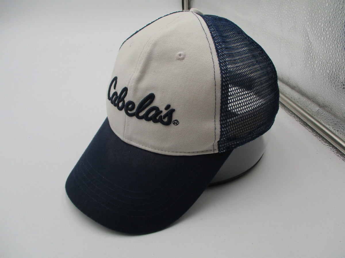 Cabela's Hat Cap Snap Back Mens One Size Blue White Mesh Trucker Script Logo3