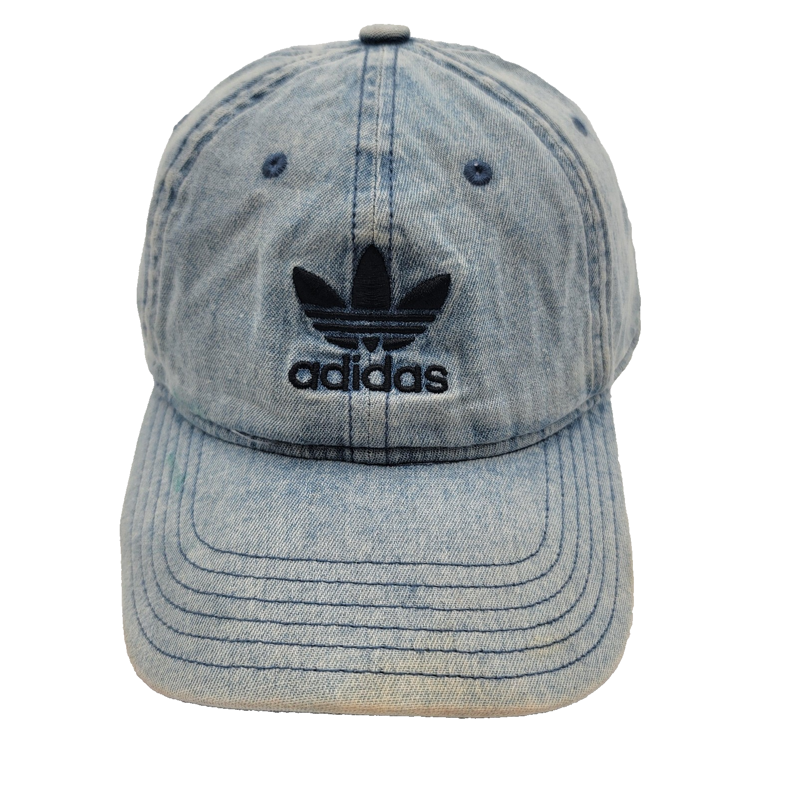 Adidas Hat Strap Back Denim Blue Trefoil Embroidered Mens Distressed Dad Cap0