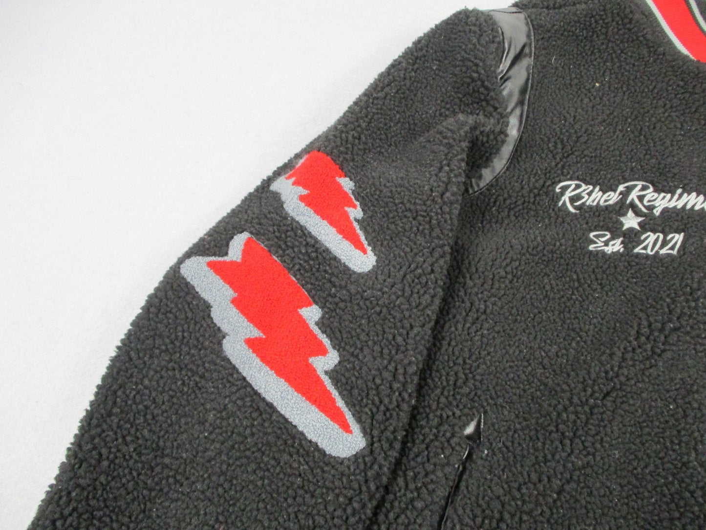 R3bel Regime Jacket Mens 2XL Black Sherpa Varsity Letterman Snap Front Patch6