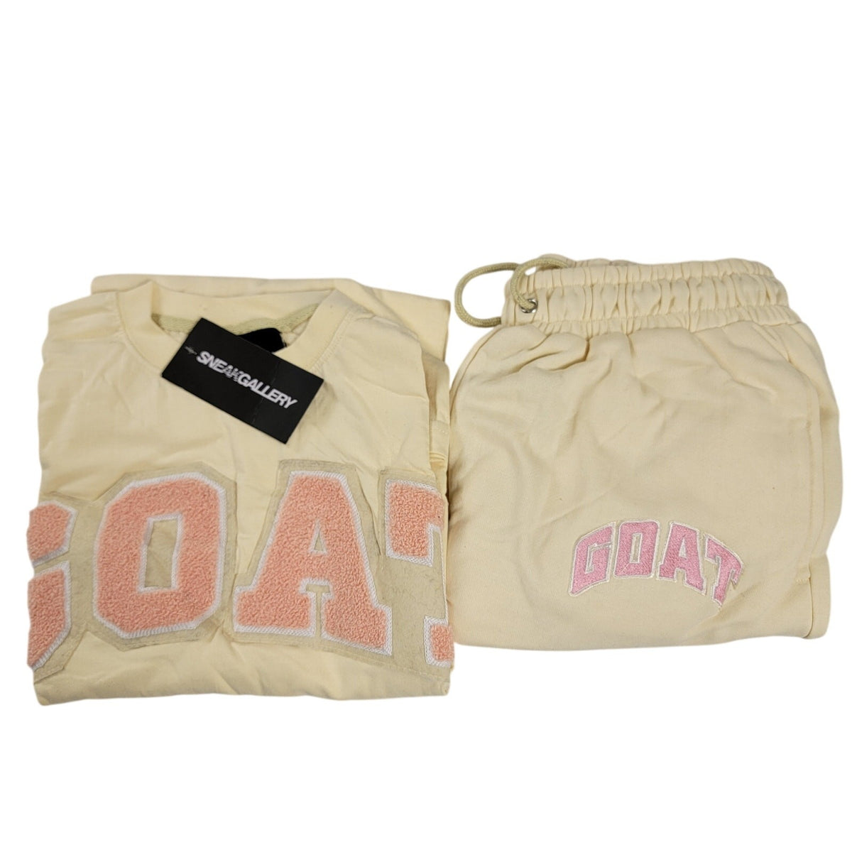SneakGallery GOAT Short Sleeve Crewneck Jogger Sweat Set Mens L Cream NWT0