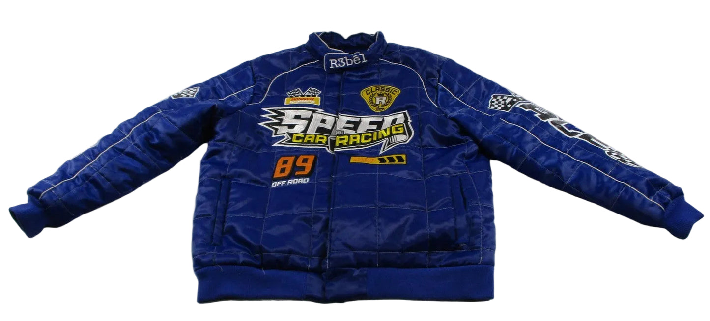 R3bel Jacket Mens 2XL Blue Racing Speed Car Graphic Quilted Satin Bomber0