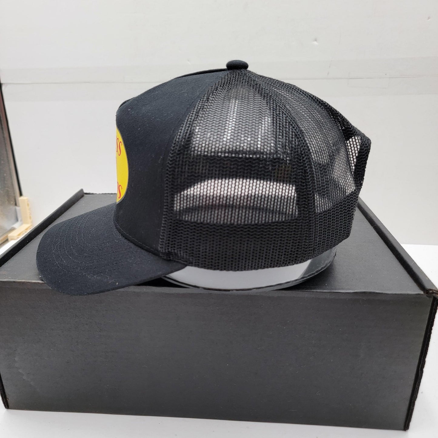 Bass Pro Shops Hat Cap Snap Back Black Mesh Trucker Patch Gone Fishing Mens2
