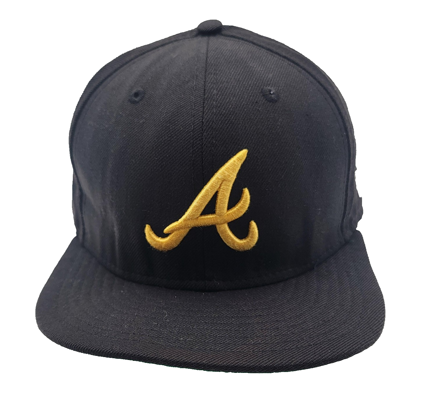 Atlanta Braves Hat Cap Fitted Mens 7 1/2 Black Gold MLB Baseball New Era0