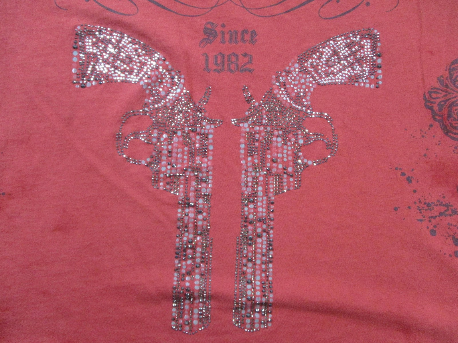 Vegas Royalty Shirt Womens Medium Red Skull Lock & Load Rhinestone Tee Graphic9