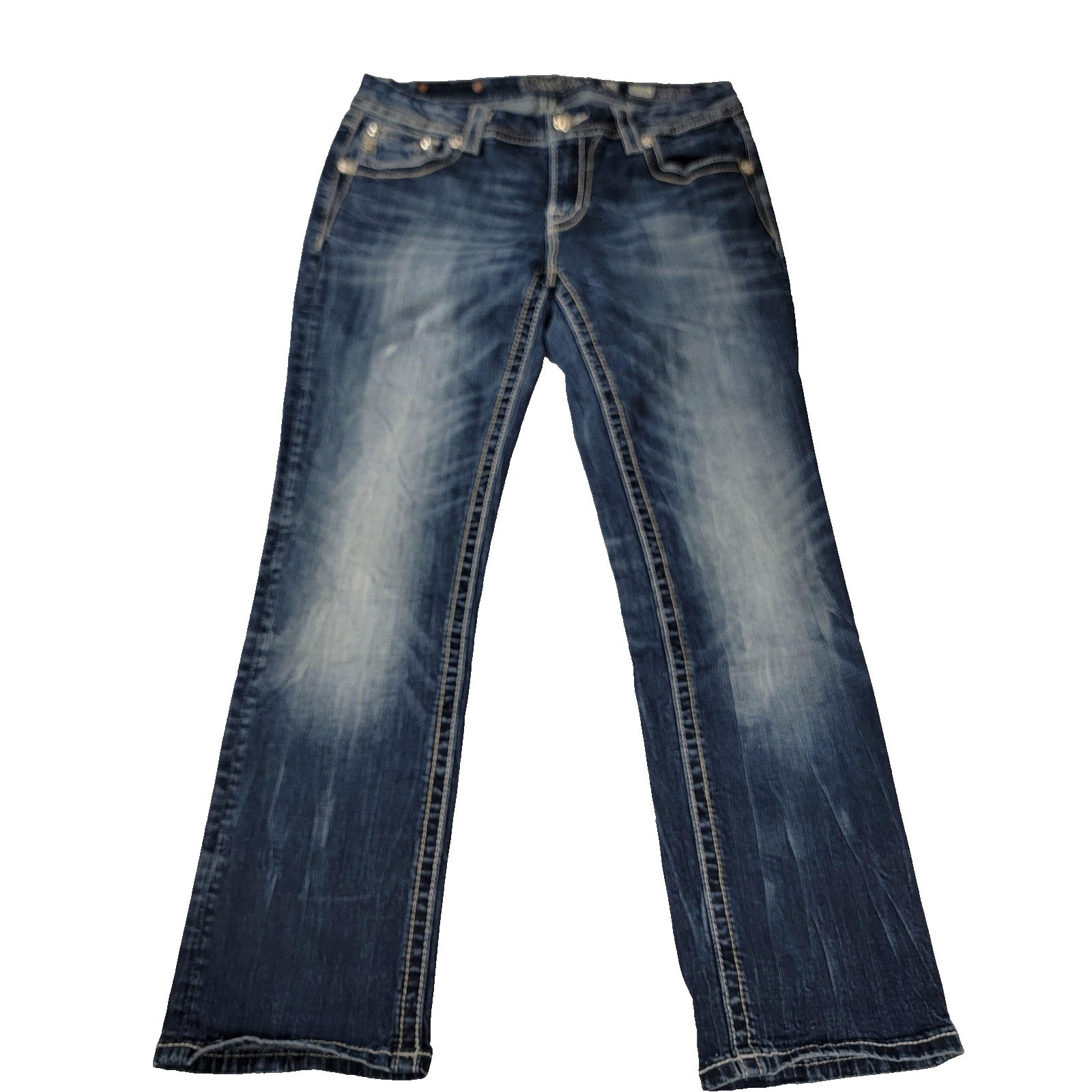Miss Me Jeans Wmns 30 Blue Mid Rise Easy Crop Distressed Embroidered Pockets 9620