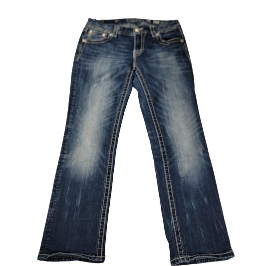 Miss Me Jeans Wmns 30 Blue Mid Rise Easy Crop Distressed Embroidered Pockets 9620