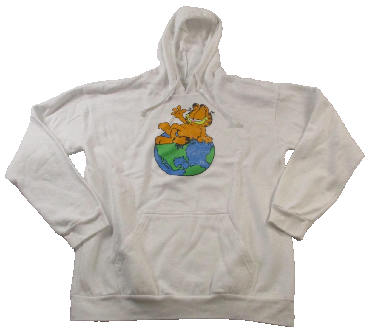 Garfield Hoodie Mens XL White Earth Globe Cartoon Cat Graphic Pullover 147814790