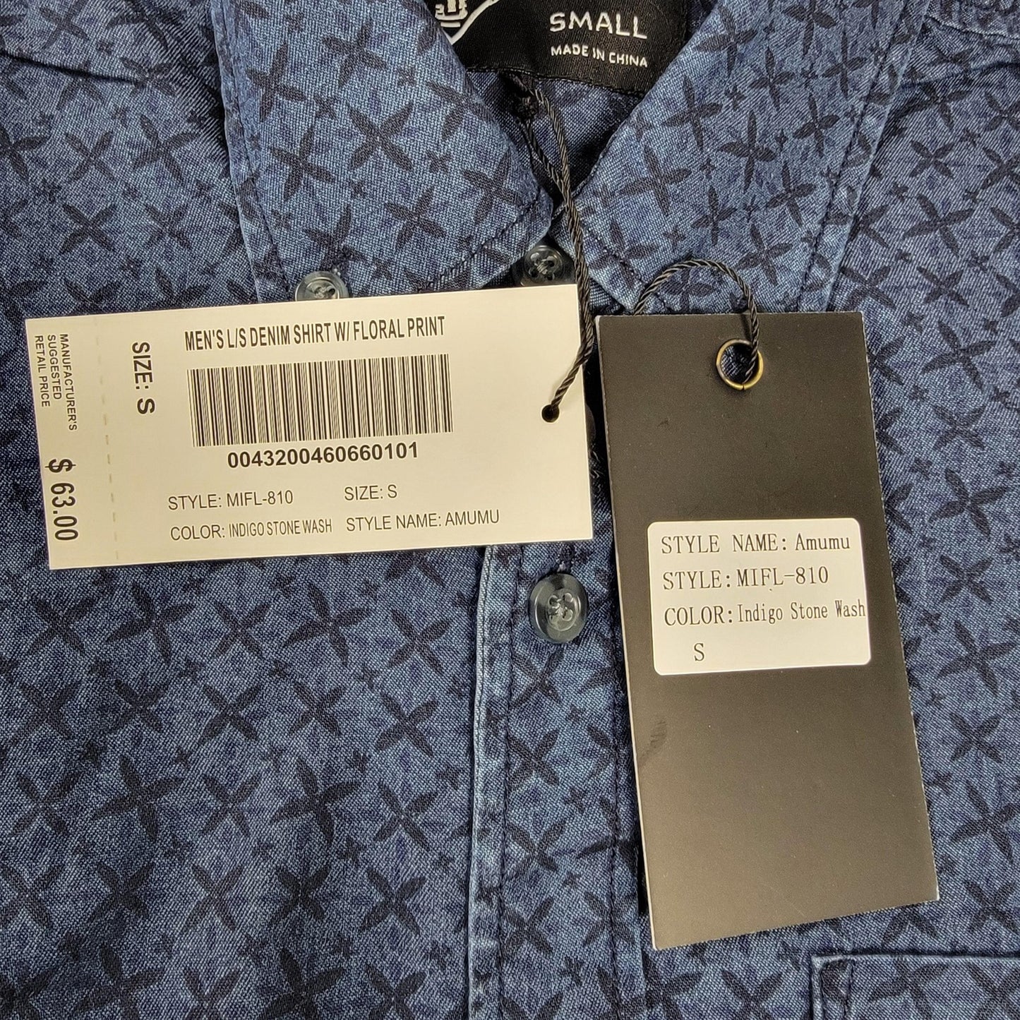Indigo Star Shirt Mens Small Denim Long Sleeve Amumu Stone Wash Print