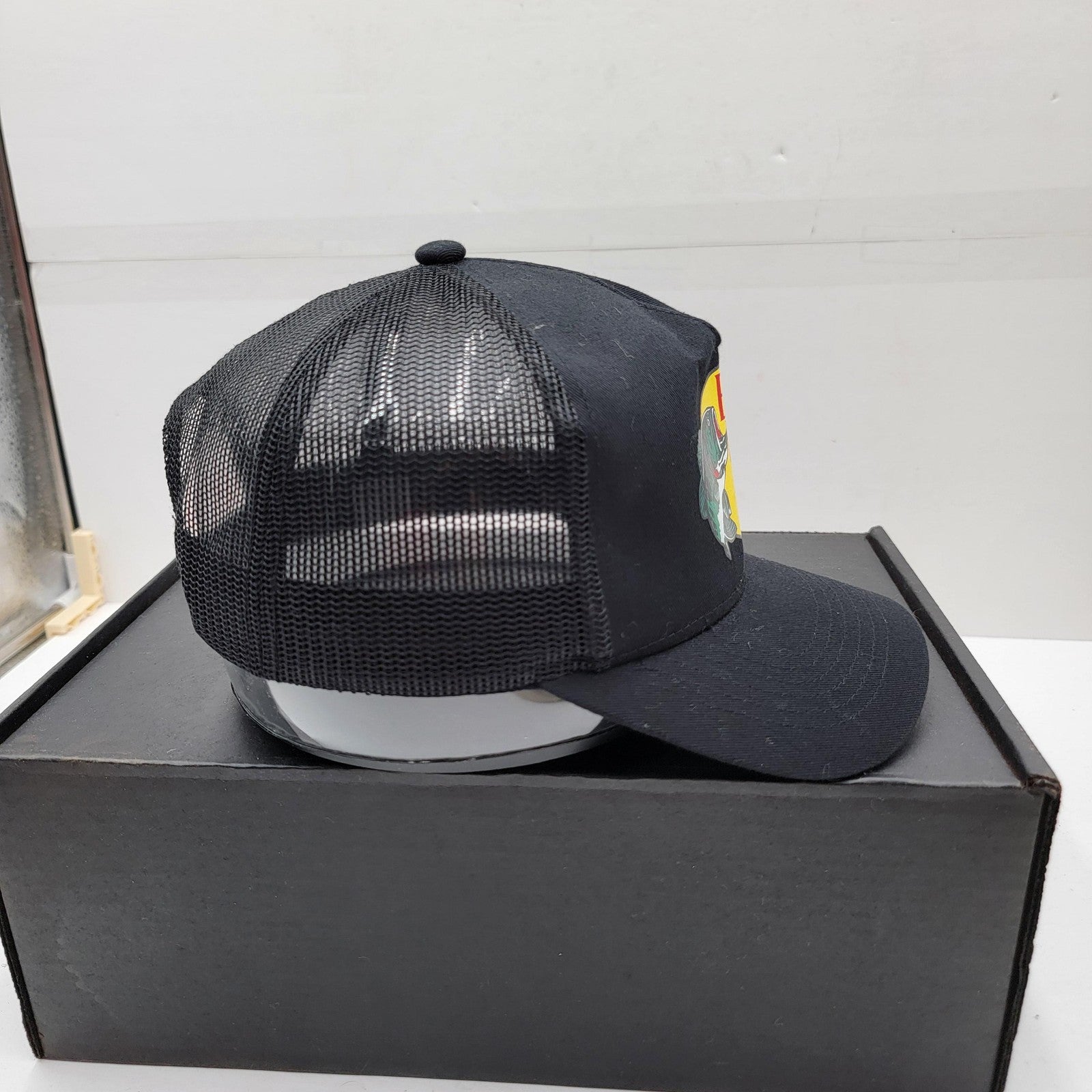 Bass Pro Shops Hat Cap Snap Back Black Mesh Trucker Patch Gone Fishing Mens4