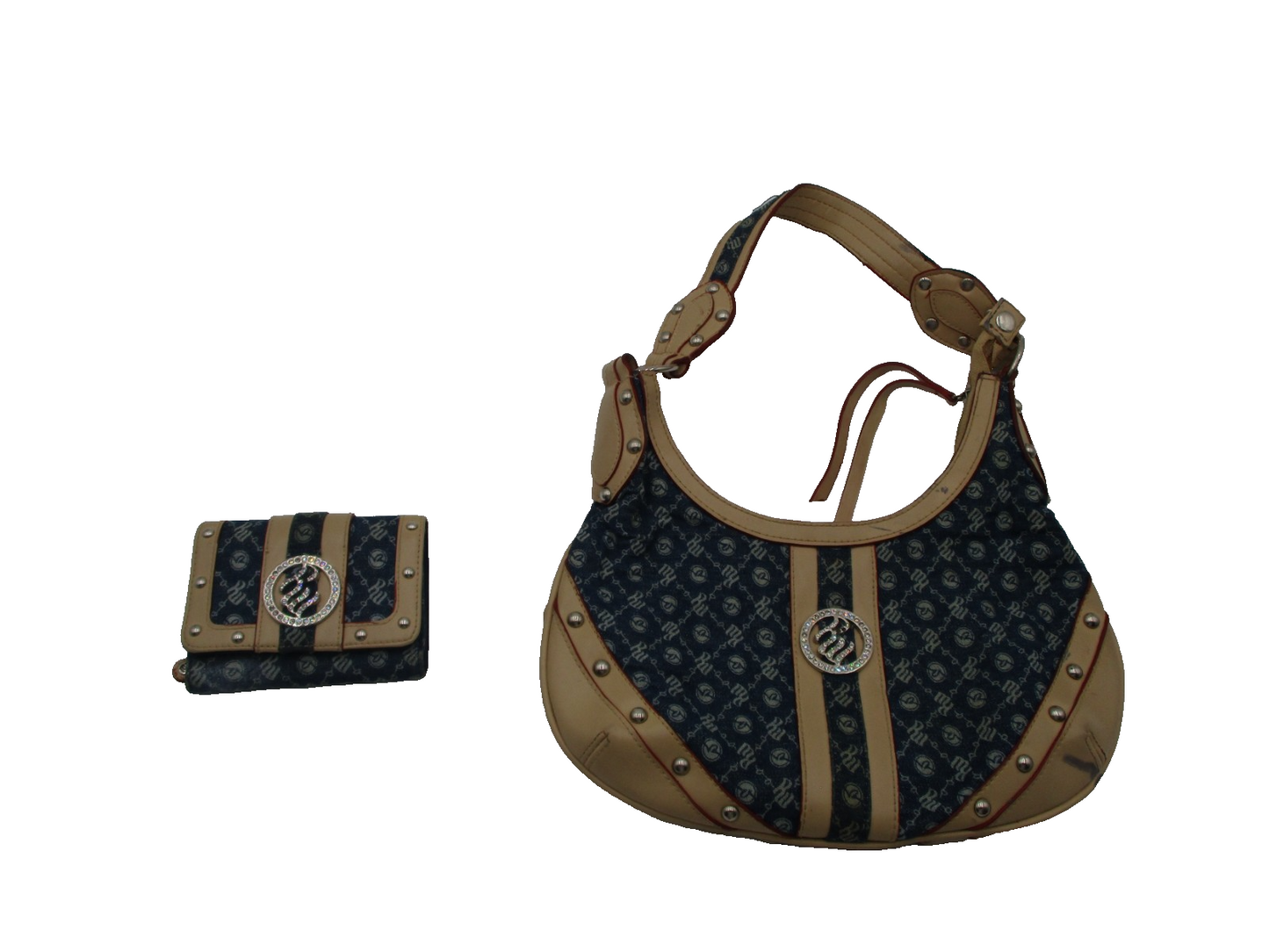 Rocawear Denim Shoulder Bag & Wallet Set Blue Monogram Logo Rhinestone Trim0