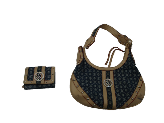 Rocawear Denim Shoulder Bag & Wallet Set Blue Monogram Logo Rhinestone Trim0