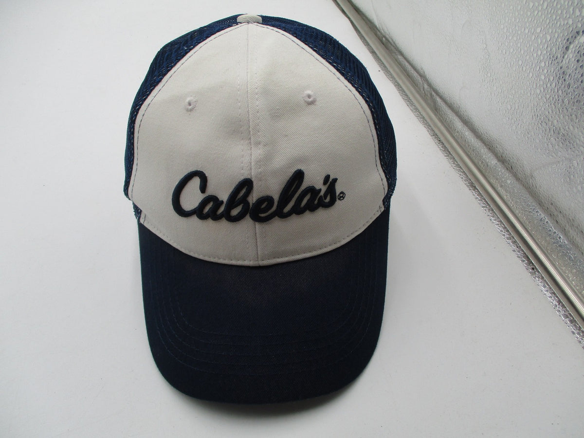 Cabela's Hat Cap Snap Back Mens One Size Blue White Mesh Trucker Script Logo8