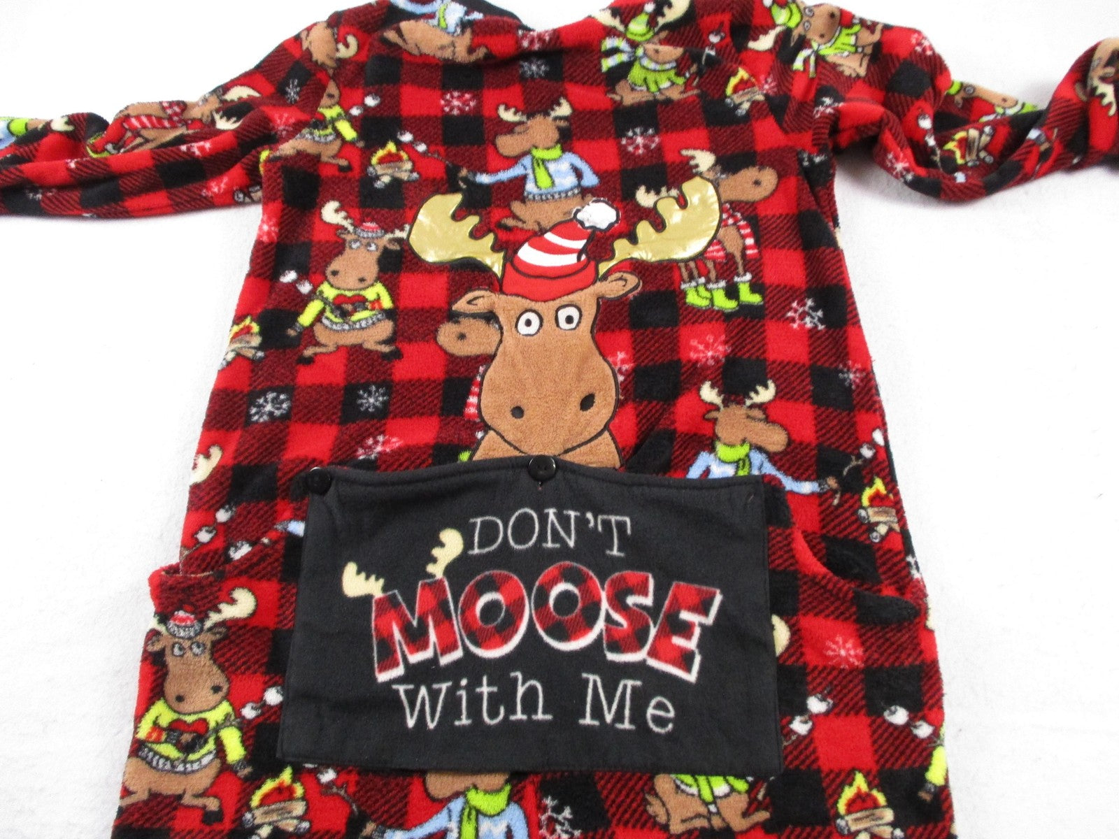 Secret Treasures Pajamas Kids 8-10 Red Plaid Moose Fleece One Piece Zip9