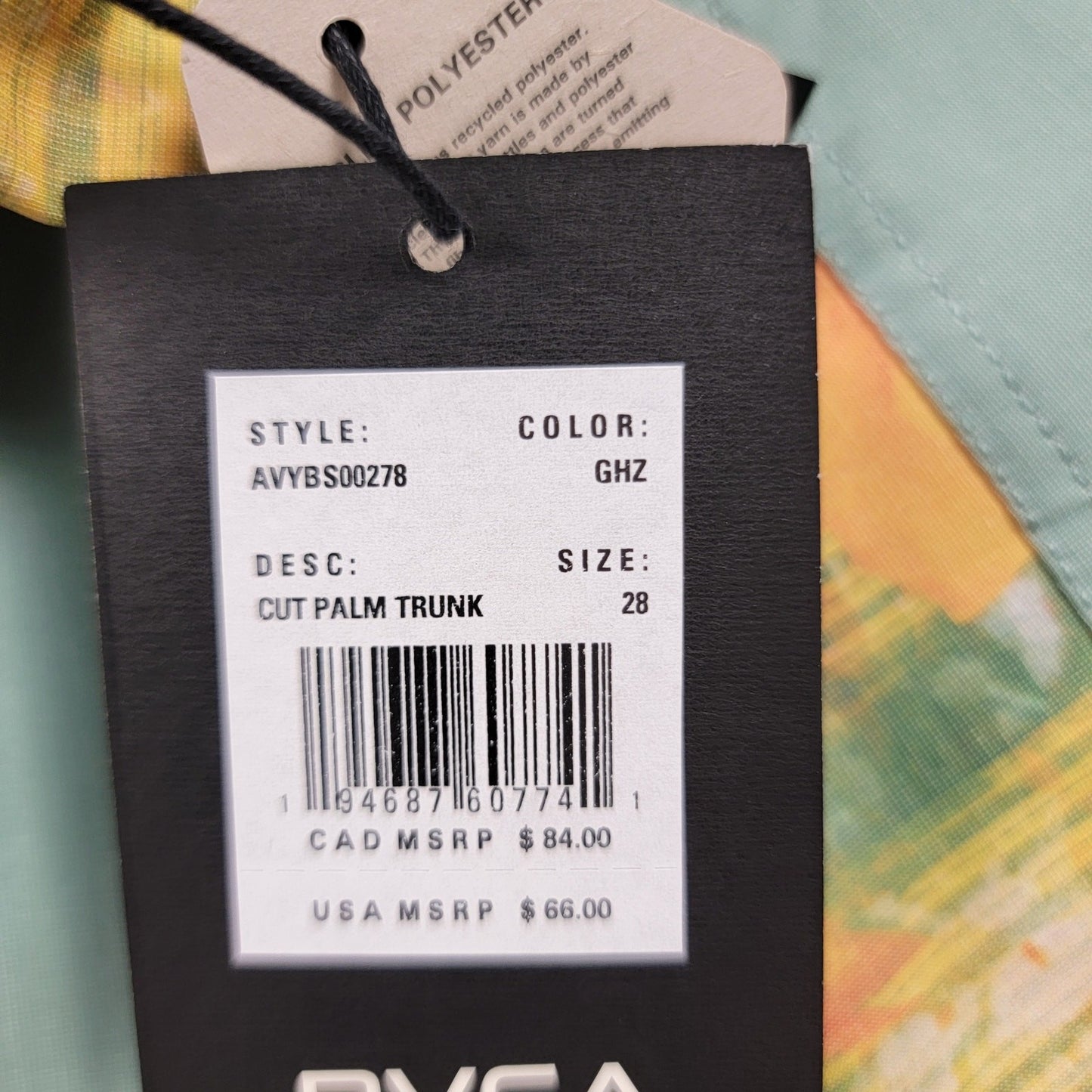 RVCA Cut Palm Trunk Boardshorts Green Haze Size 28 Short 17" Hemp Blend Surf6