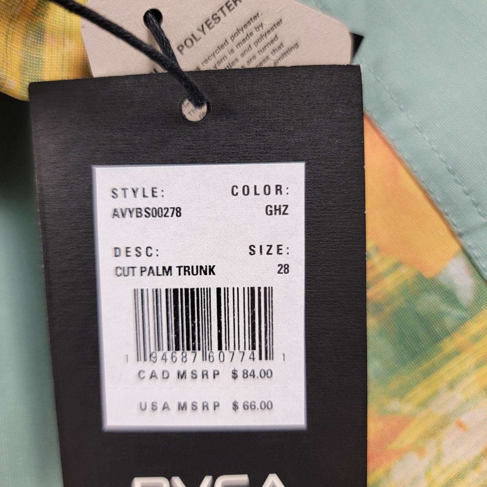 RVCA Cut Palm Trunk Boardshorts Green Haze Size 28 Short 17" Hemp Blend Surf6
