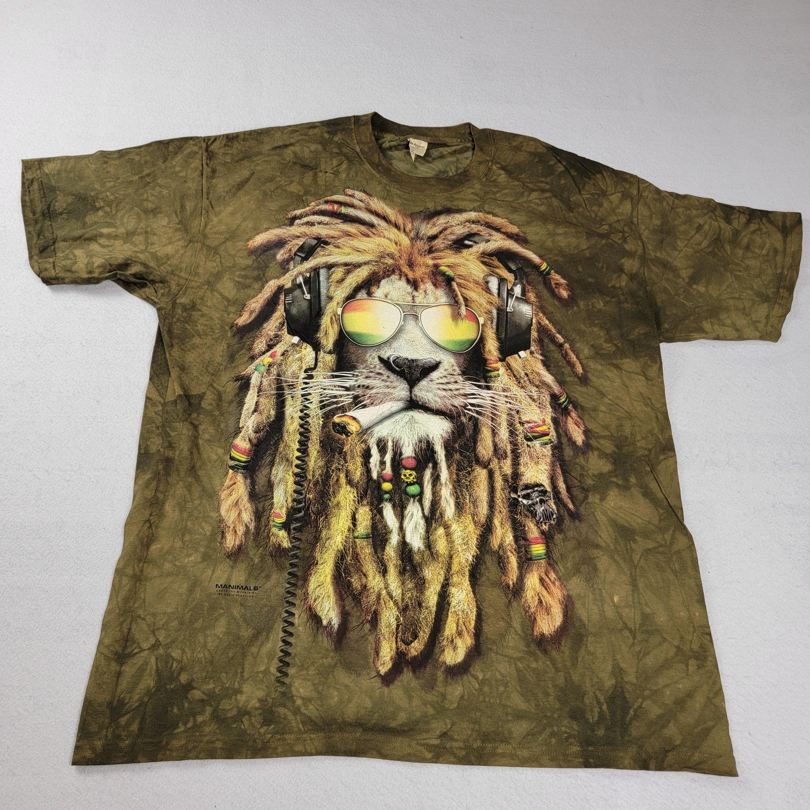 The Mountain 2 Pk Tees Men's XL Green Age of Dragon & Brown Rasta Lion