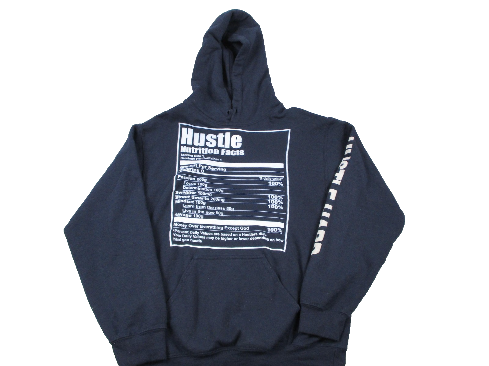 Gildan Heavy Blend Hoodie Men's Small Navy Hustle Nutrition Facts Graphic