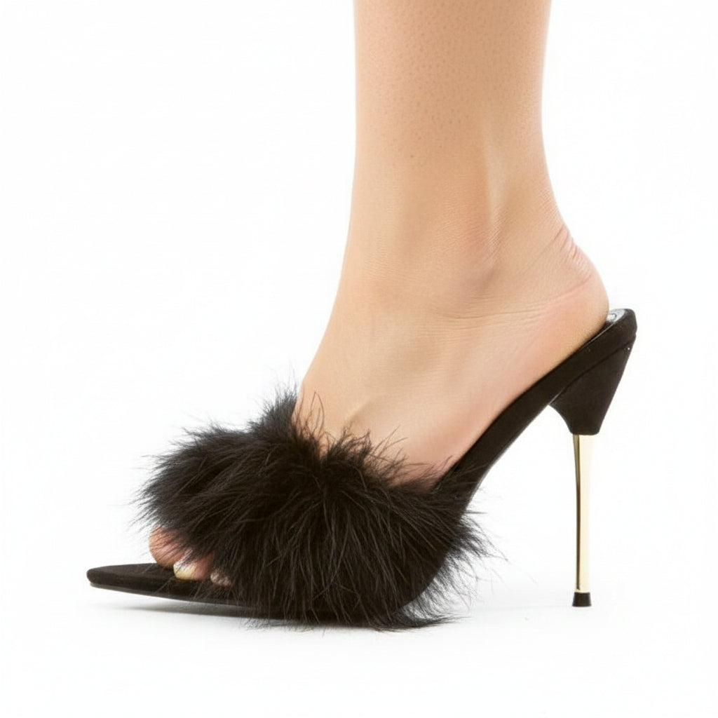 Fuji Furry Pointy Toe Slip-On Gold Tone Slim Heels Black Women's