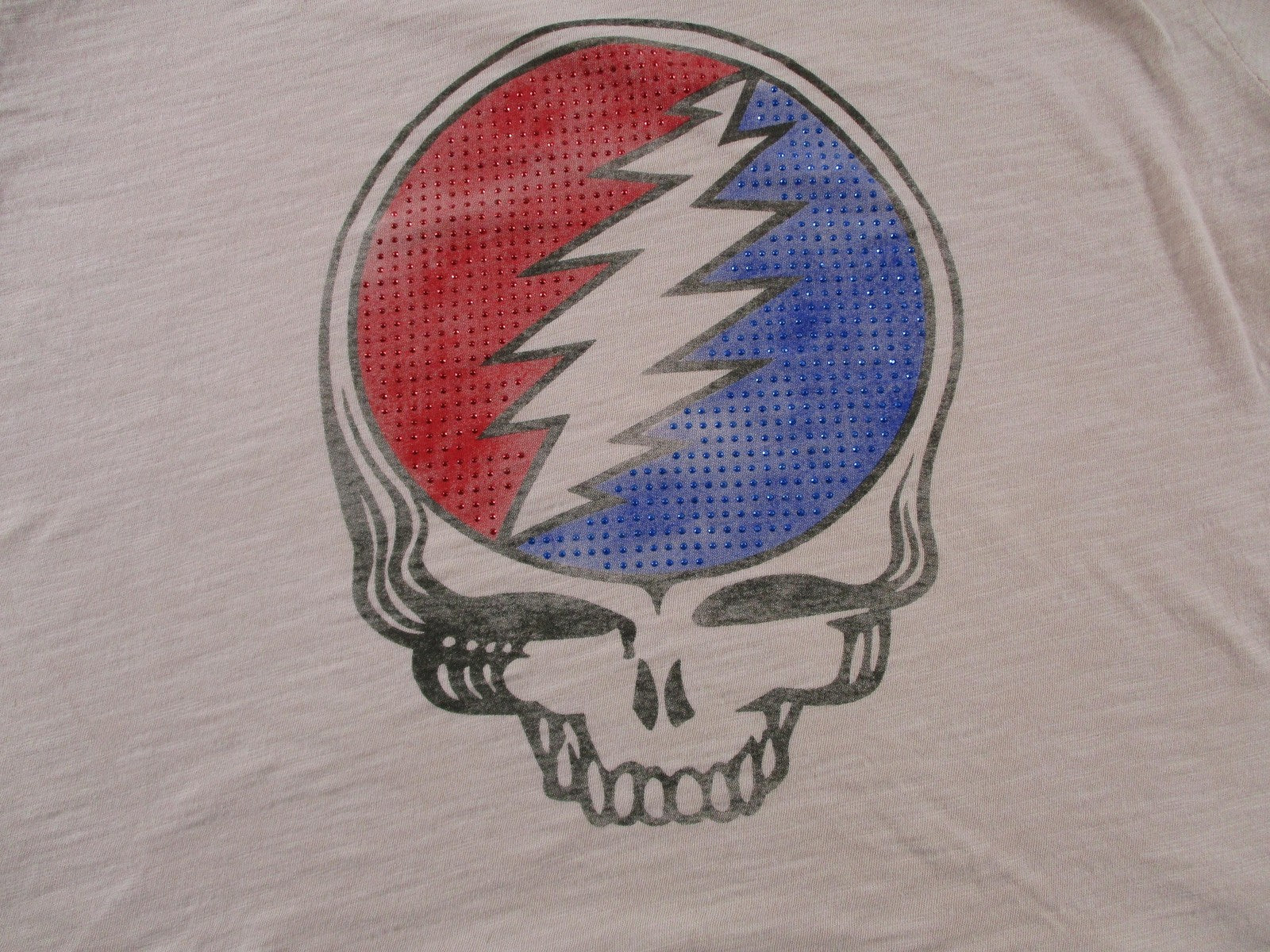Lucky Brand Shirt Womens XL Beige Grateful Dead Rhinestone Skull Graphic Tee2
