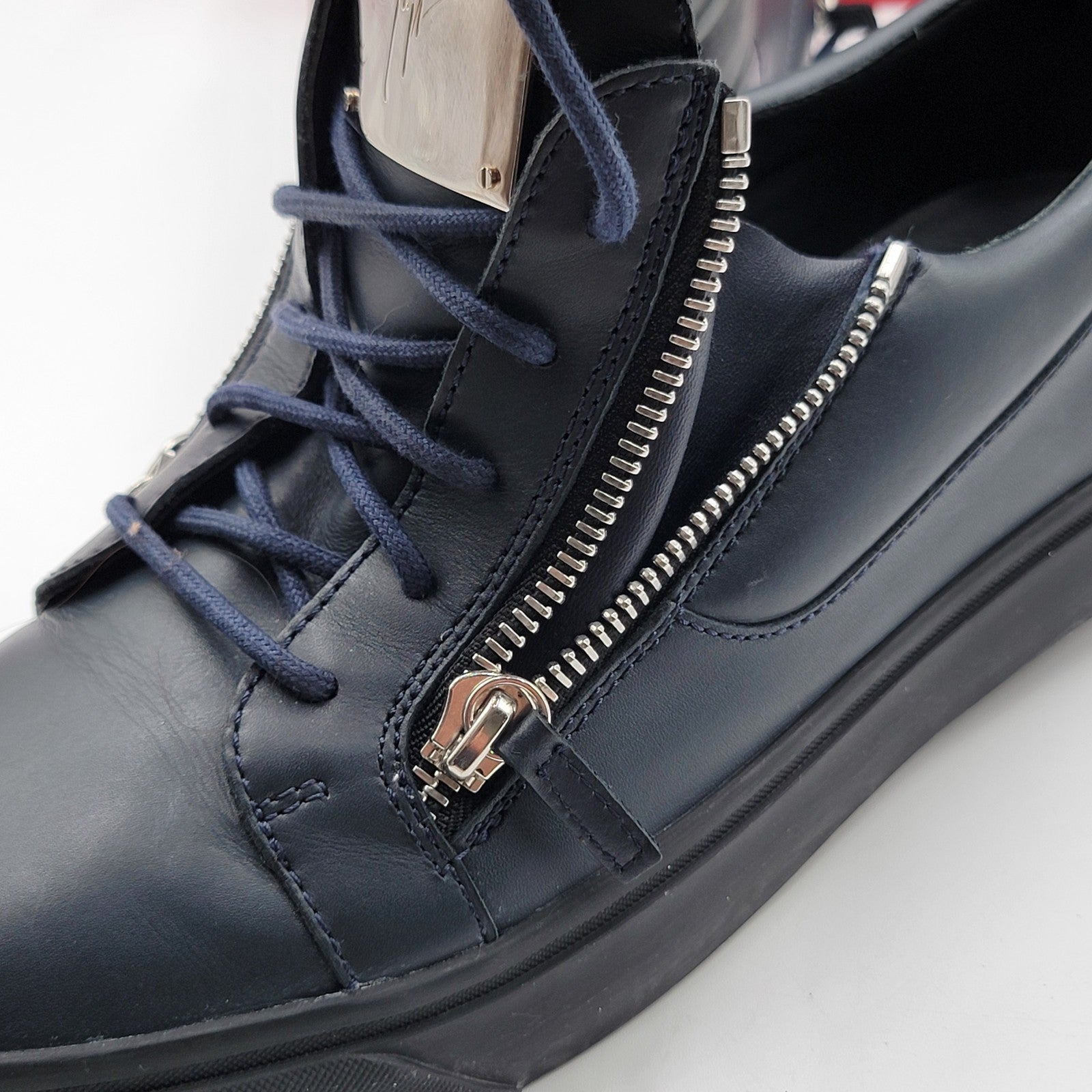 Giuseppe Zanotti Navy Leather Double Zip Sneakers Men 45 Made In Italy