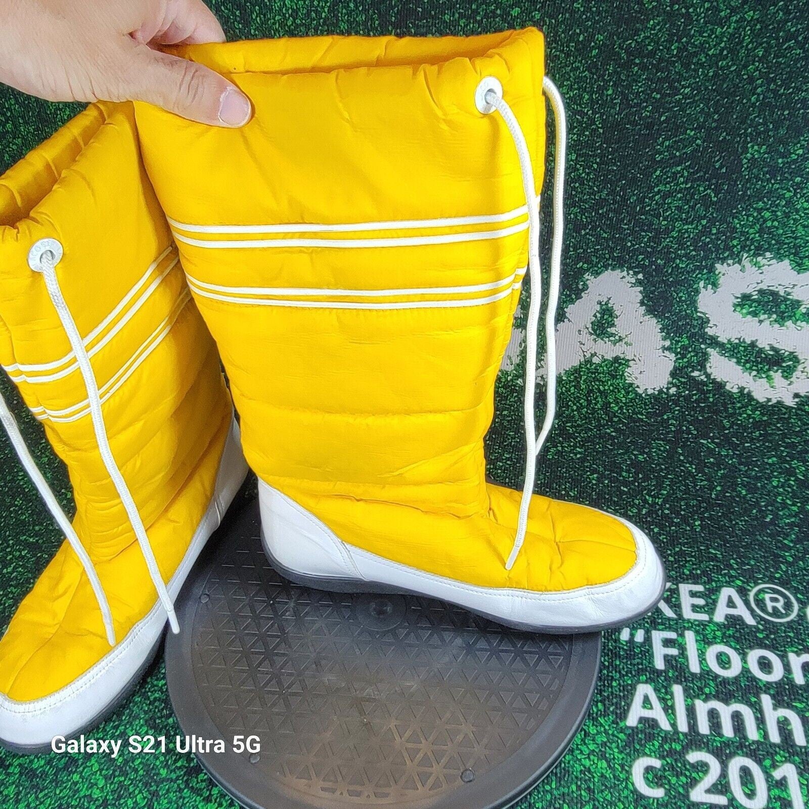 Lacoste Snug Women Puffer Yellow Winter Snow Tall Drawstring Boots 156 Sz 103
