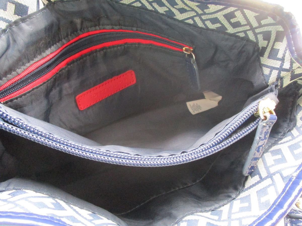 Tommy Hilfiger Shoulder Bag Womens Medium Blue Logo Canvas Faux Leather Studded4